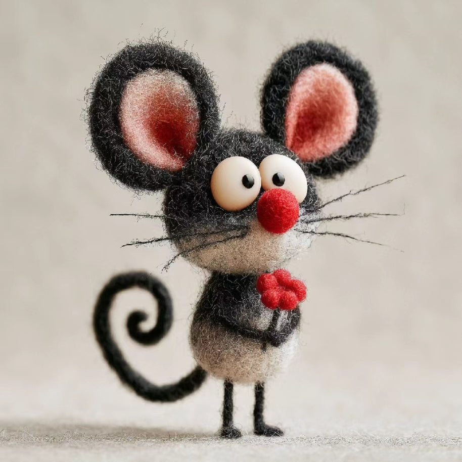 The Wide-Eyed Flower Mouse – Handmade Wool Felt Figurine