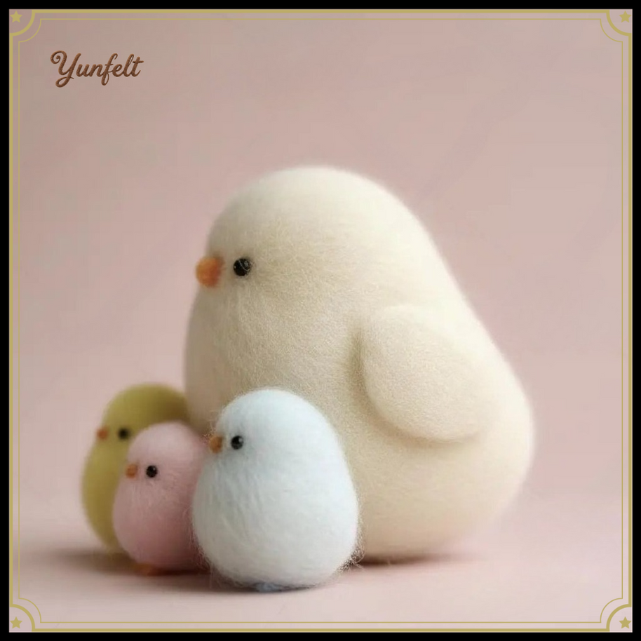 Nestling Family Set – Wool Felt Mama Chick & Three Baby Birds