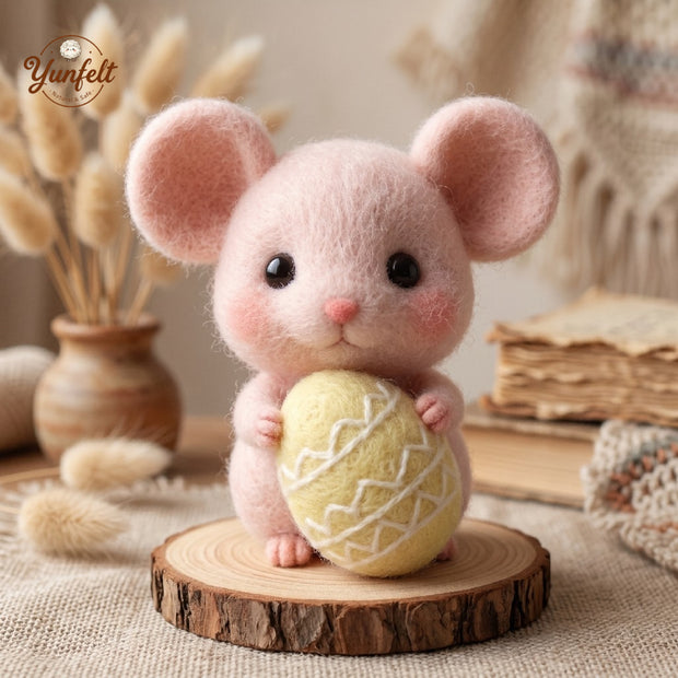Chubby White Mouse Hugging Blue Egg – Wool Felt Easter Figurine