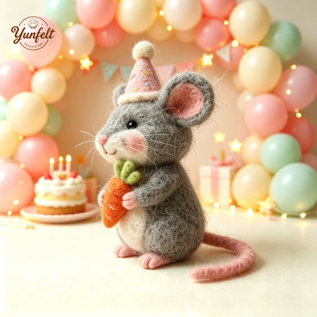 Handmade Wool Felt Party Hat Mouse Figurine – Birthday Desk Decor Gift