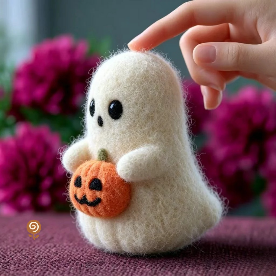 The Pumpkin-Hugging Little Ghost – Handmade Wool Felt Halloween Figurine