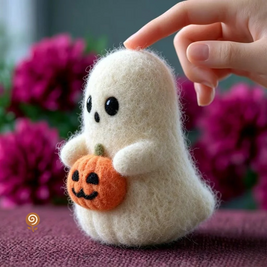The Pumpkin-Hugging Little Ghost – Handmade Wool Felt Halloween Figurine