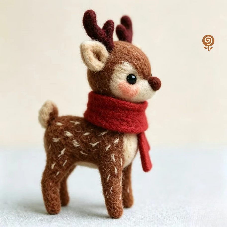 The Red-Scarf Little Reindeer – Handmade Wool Felt Figurine