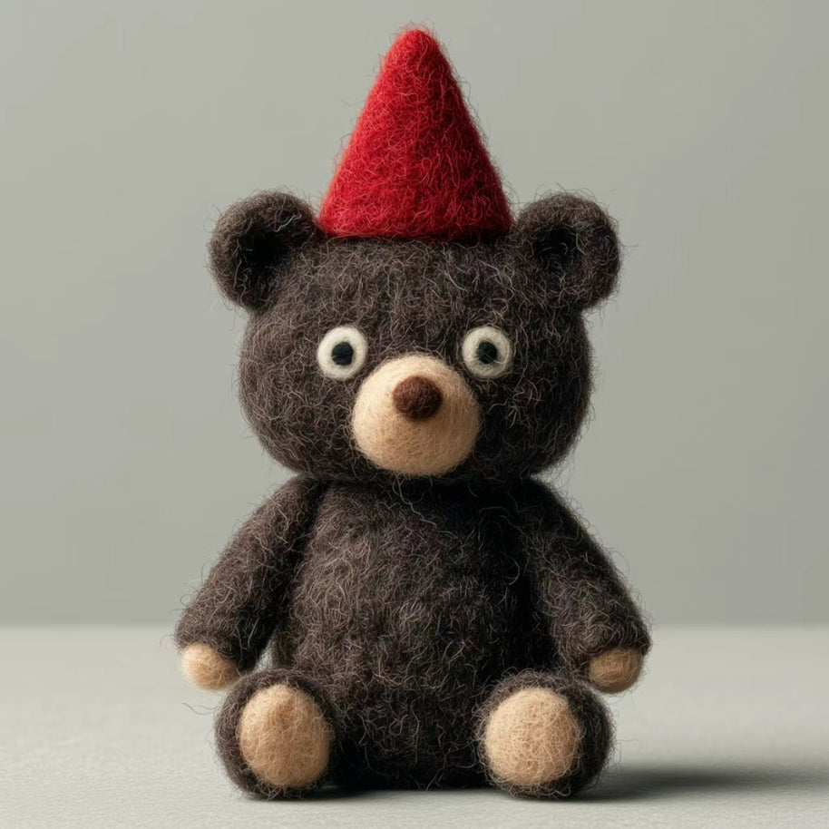 Handmade Wool Felt Red Hat Bear Figurine – Whimsical Desk Decor Gift