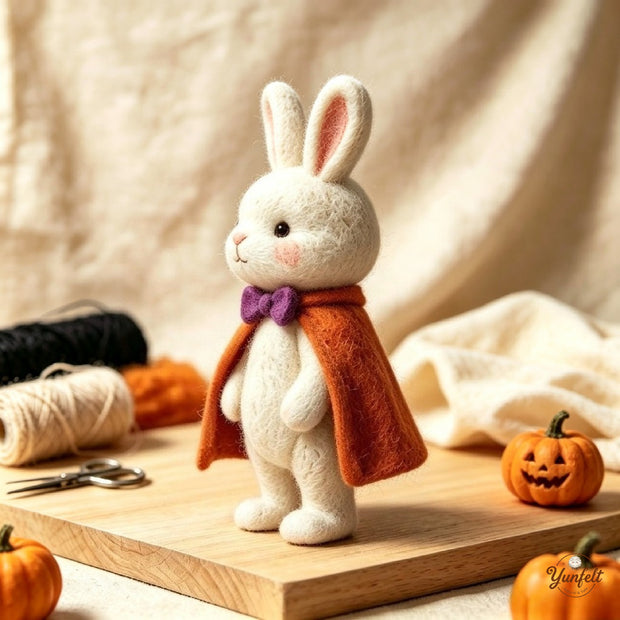 Handmade Wool Felt Cape Bunny Figurine – Whimsical Halloween Home Decor Gift