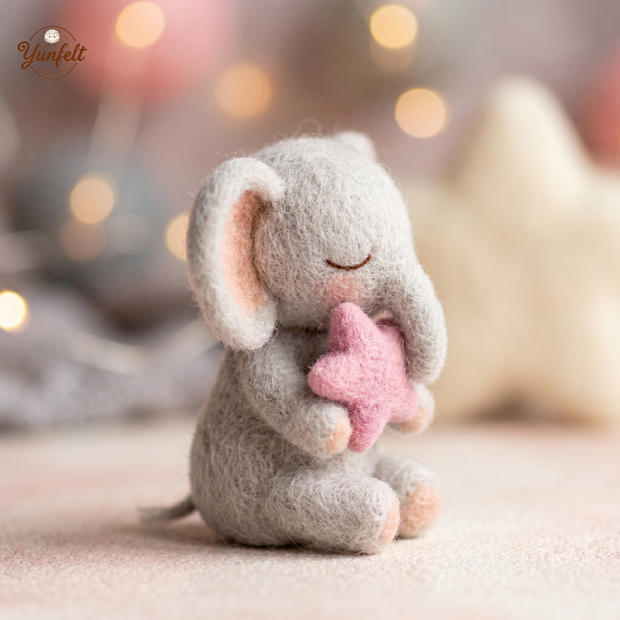 Sleeping Baby Elephant Holding Star – Wool Felt Bedtime Guardian