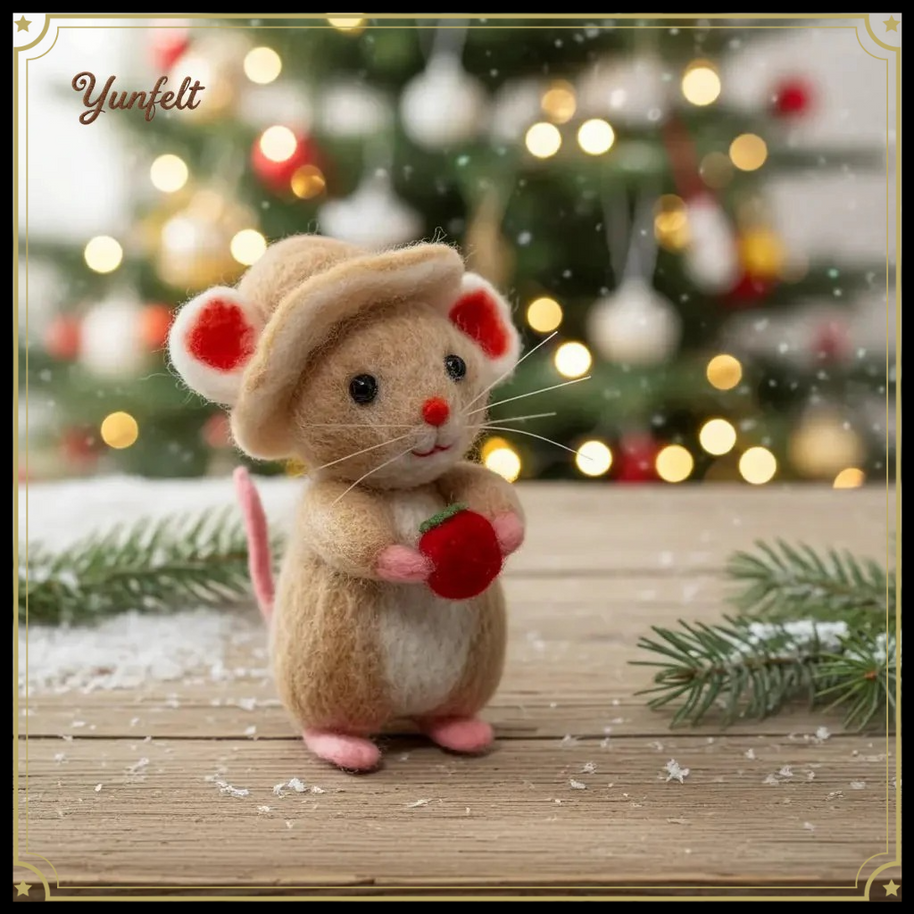 Mouse with Strawberry & Straw Hat – Wool Felt Summer Figurine
