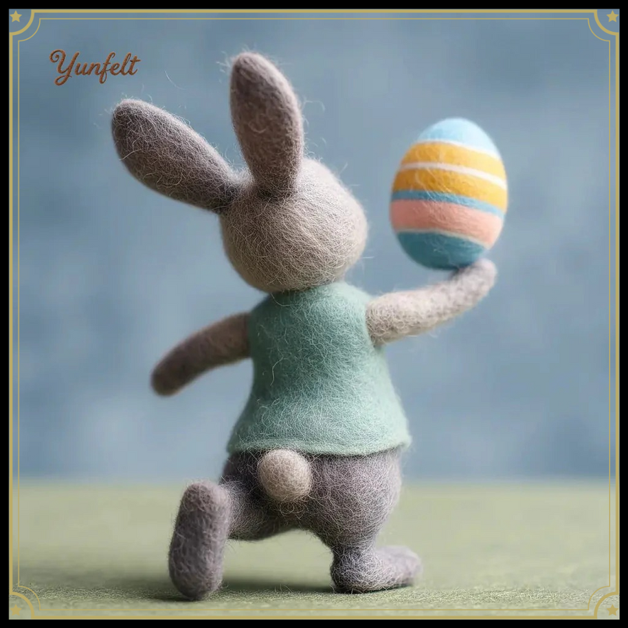 Running Easter Bunny with Green Vest & Striped Egg – Wool Felt Spring Figurine