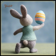 Running Easter Bunny with Green Vest & Striped Egg – Wool Felt Spring Figurine