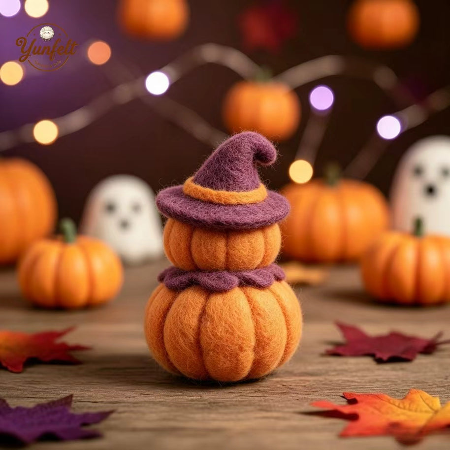 Handmade Wool Felt Stacked Pumpkin Witch Figurine – Halloween Home Decor Gift