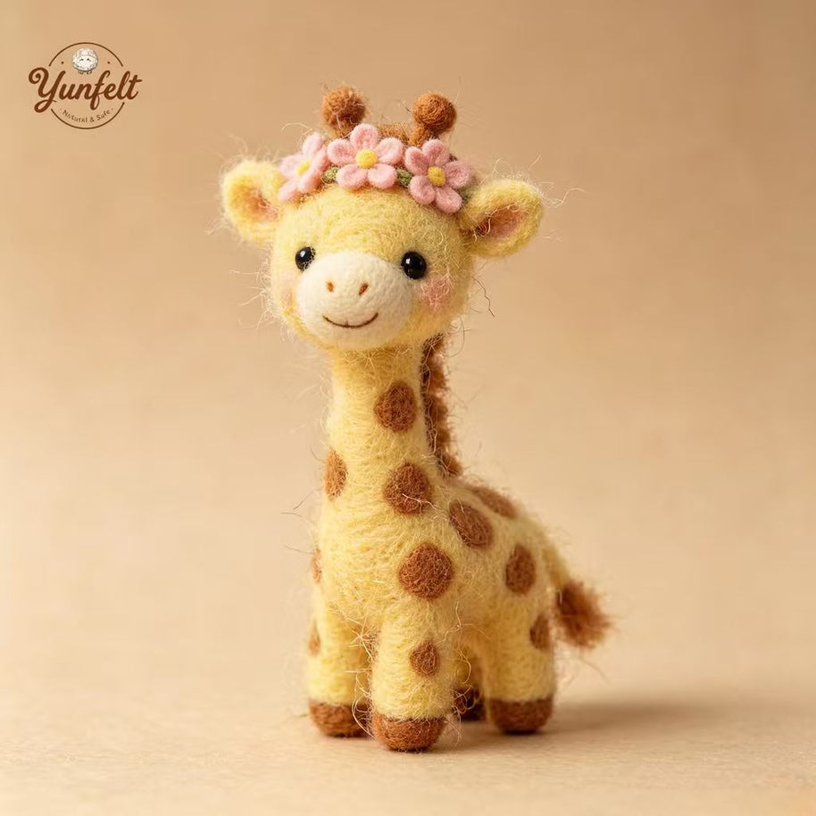 Handmade Wool Felt Flower Crown Giraffe Figurine – Nursery Desk Decor Gift