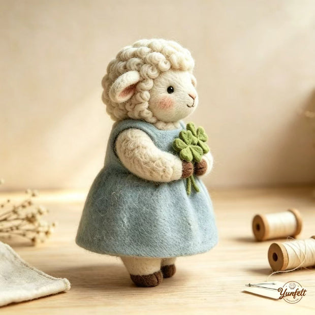 Handmade Wool Felt Lucky Clover Lamb Figurine – Spring Desk Decor Gift