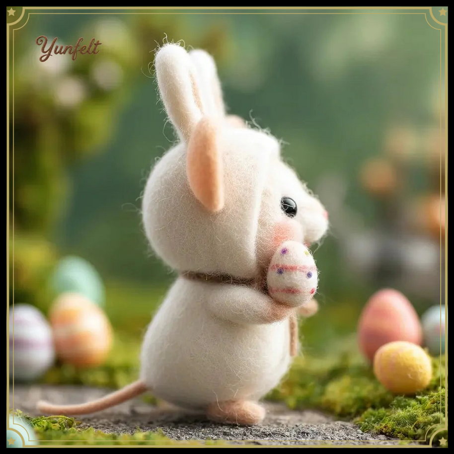 Mouse in Bunny Suit Holding Easter Egg – Wool Felt Spring Figurine