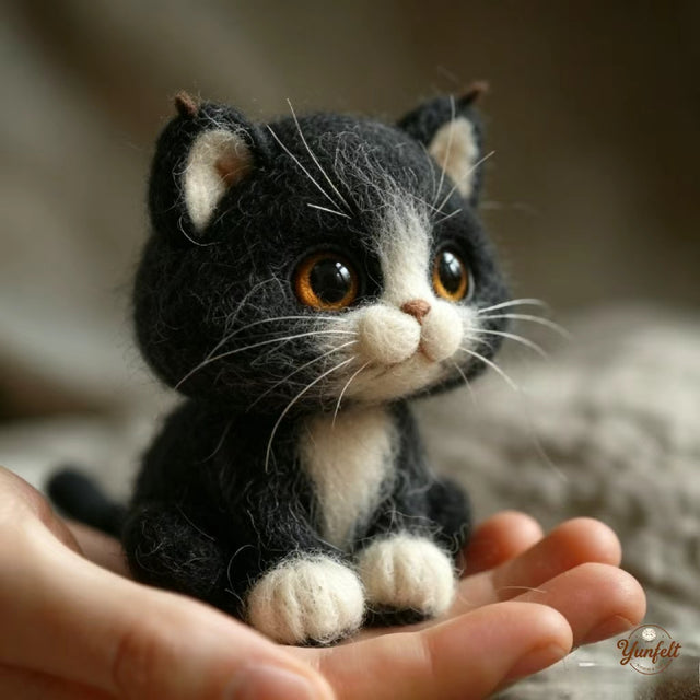 The Amber-Eyed Black Kitten – Handmade Wool Felt Figurine