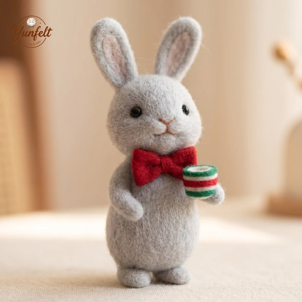 Gentleman Bunny with Mug – Wool Felt Cozy Desk Companion