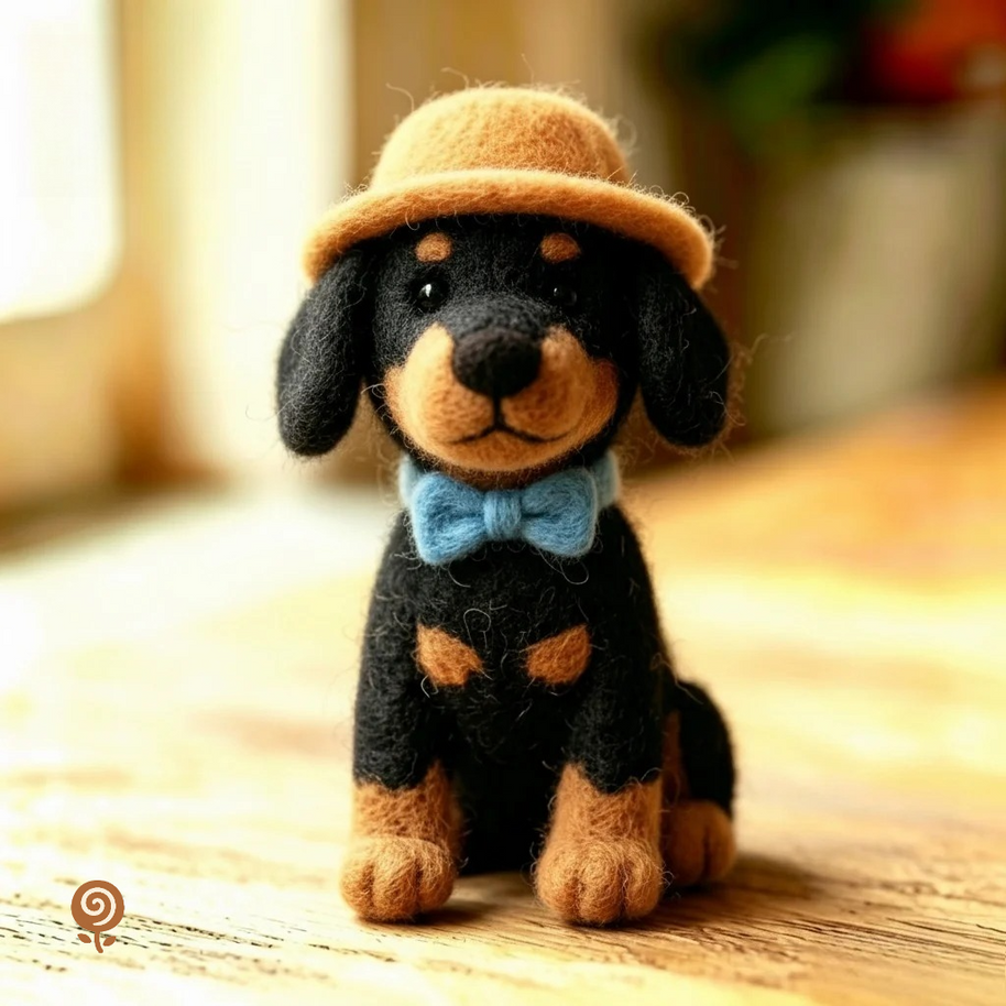 The Dapper Straw-Hat Puppy – Handmade Wool Felt Dog Figurine