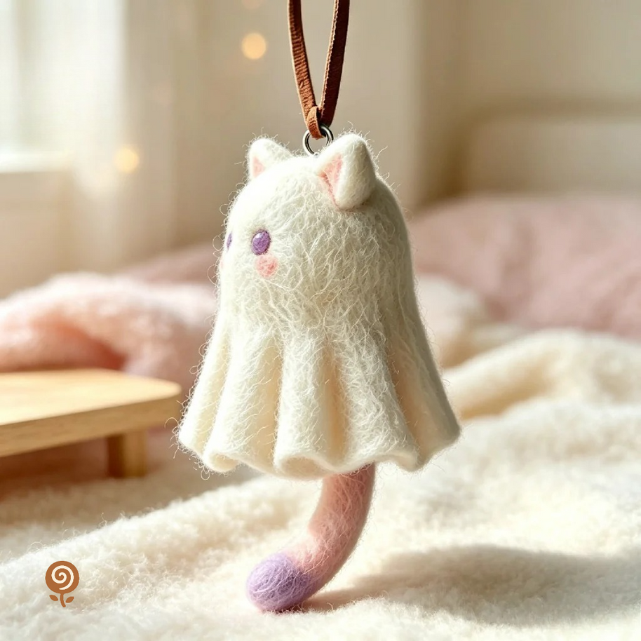 The Little Ghost Cat – Handmade Wool Felt Halloween Hanging Ornament