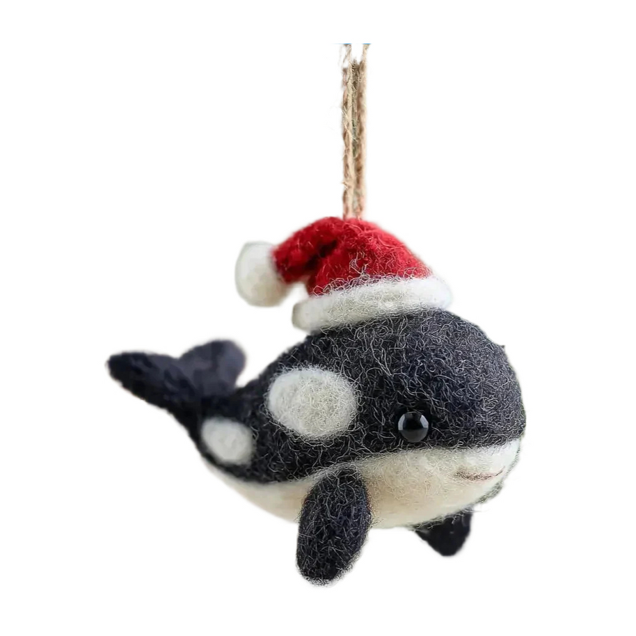 Orca with Santa Hat – Wool Felt Holiday Killer Whale Ornament