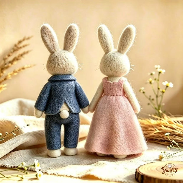 Handmade Wool Felt Bunny Couple Figurine – Romantic Wedding Decor Gift