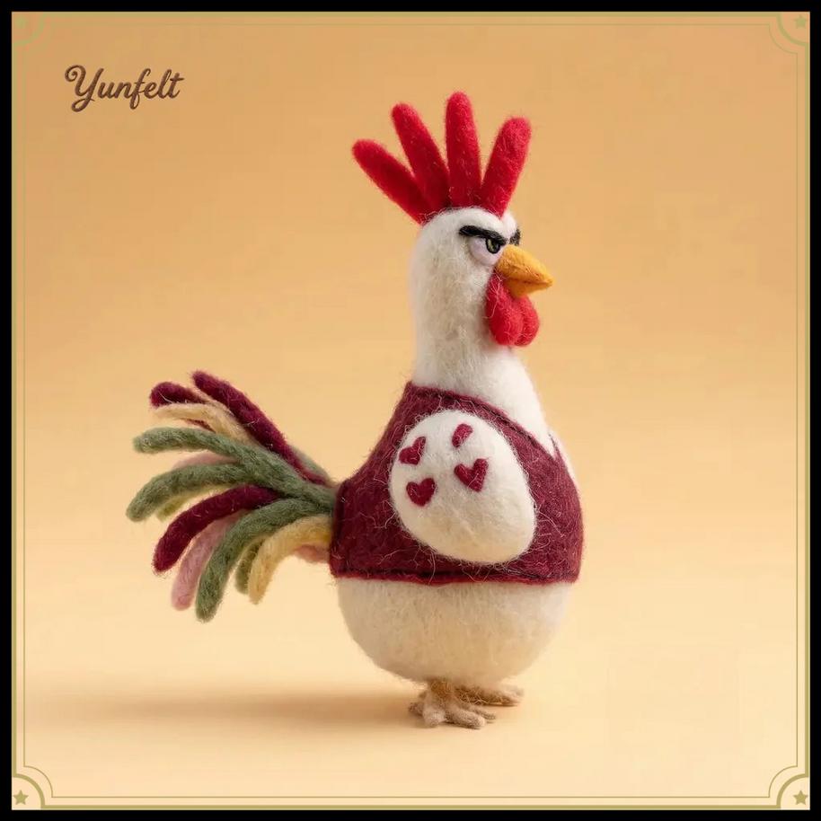 Grumpy Rooster in Burgundy Vest – Playful Wool Felt Desk Mascot