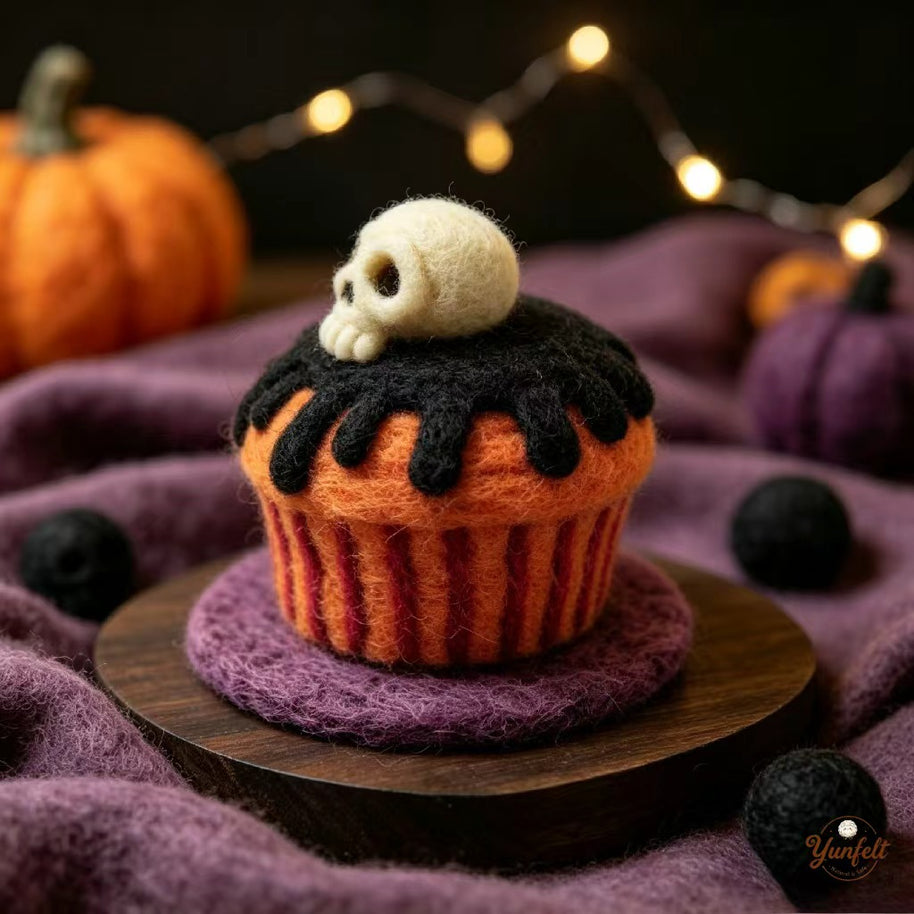 Handmade Wool Felt Skull Cupcake Figurine – Spooky Halloween Desk Decor Gift