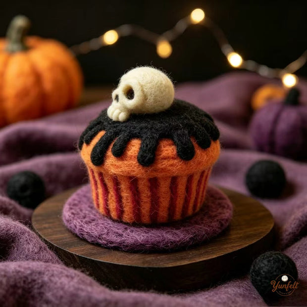 Handmade Wool Felt Skull Cupcake Figurine – Spooky Halloween Desk Decor Gift