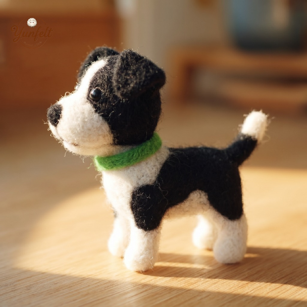 Black‑and‑White Cow Dog with Green Collar – Sunny Wool Felt Desk Pet