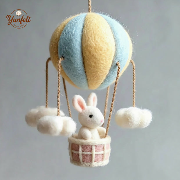 Pastel Hot Air Balloon & Bunny Nursery Mobile – Wool Felt Dreamy Hanging Art