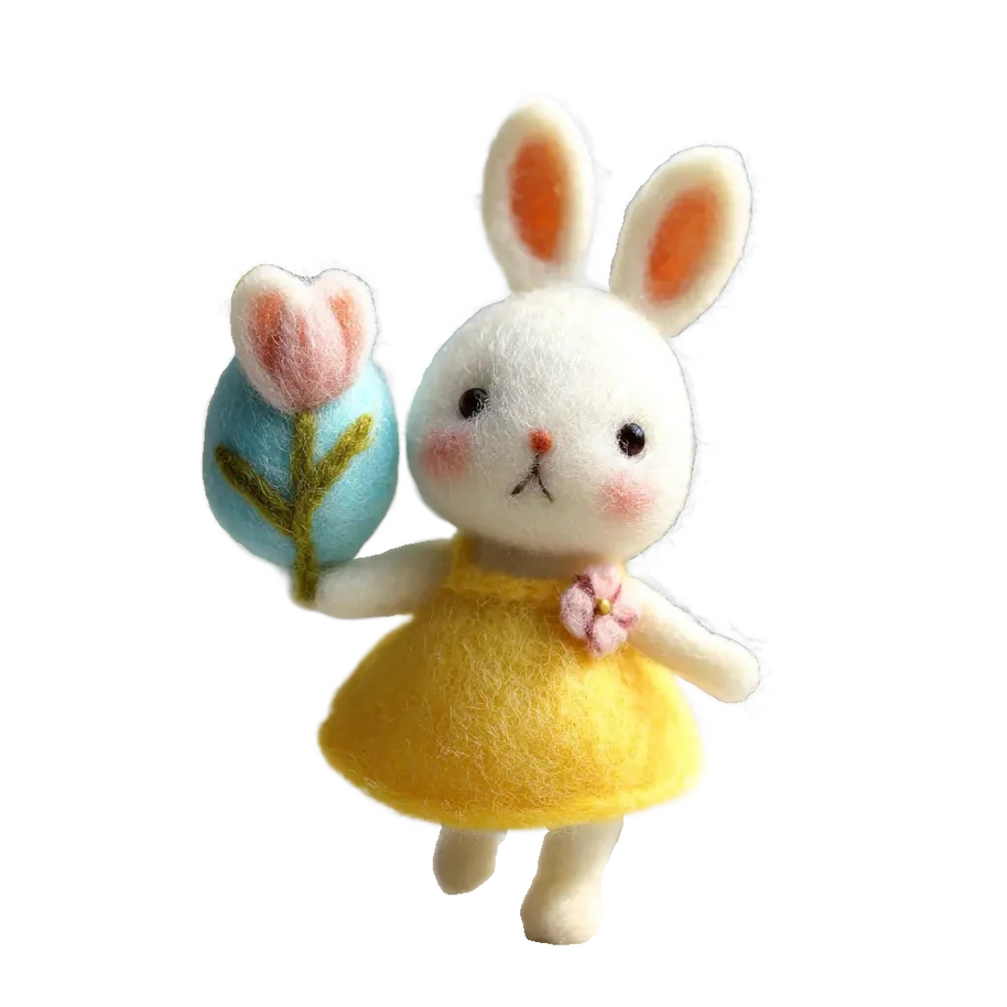 Easter Bunny with Tulip Egg – Wool Felt Yellow Dress Surprise