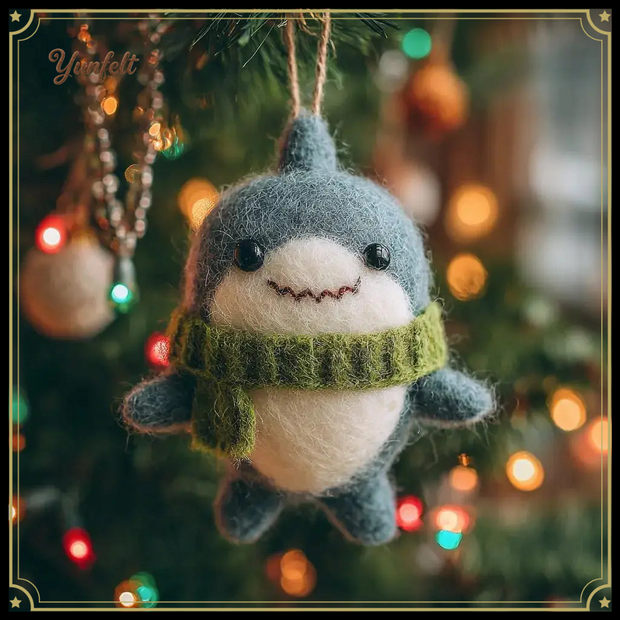Shark with Green Scarf – Wool Felt Cozy Winter Ornament