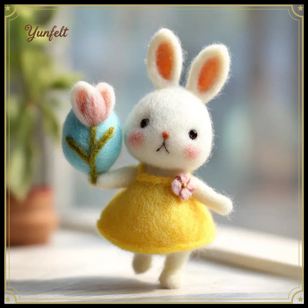 Easter Bunny with Tulip Egg – Wool Felt Yellow Dress Surprise