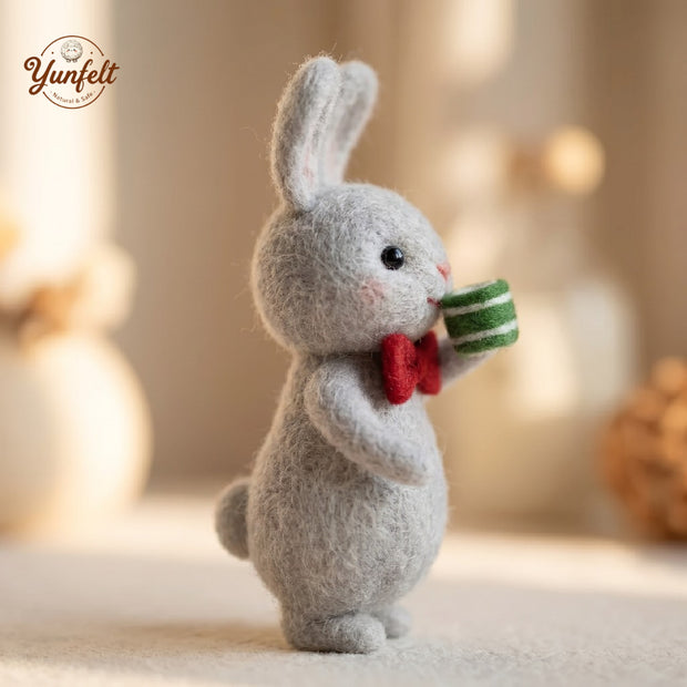 Gentleman Bunny with Mug – Wool Felt Cozy Desk Companion