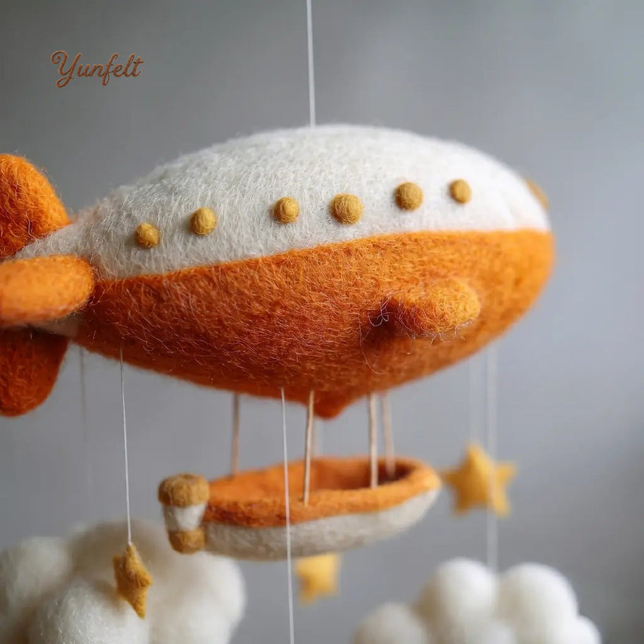 Vintage Airship Nursery Mobile – Wool Felt Cloud Navigator Hanging Decor