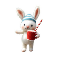 Rabbit with Striped Hat and Red Mug – Cozy Wool Felt Desk Friend
