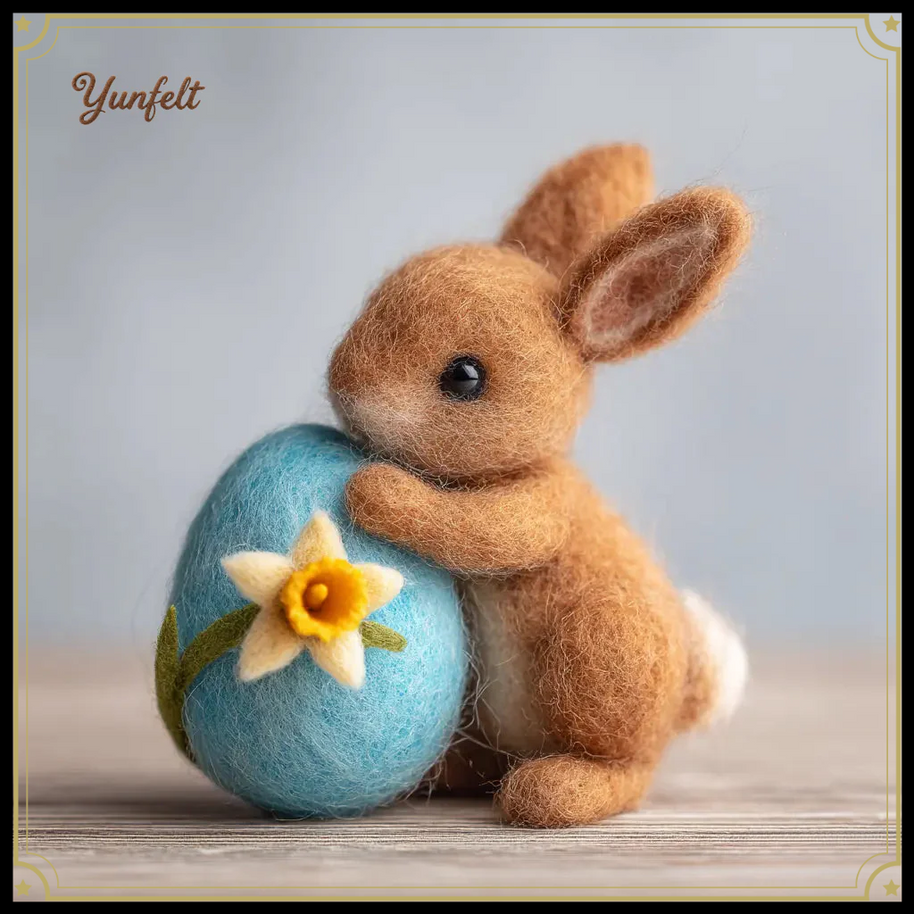 Honey Brown Bunny with Daffodil Egg – Wool Felt Easter Figurine