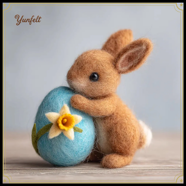 Honey Brown Bunny with Daffodil Egg – Wool Felt Easter Figurine