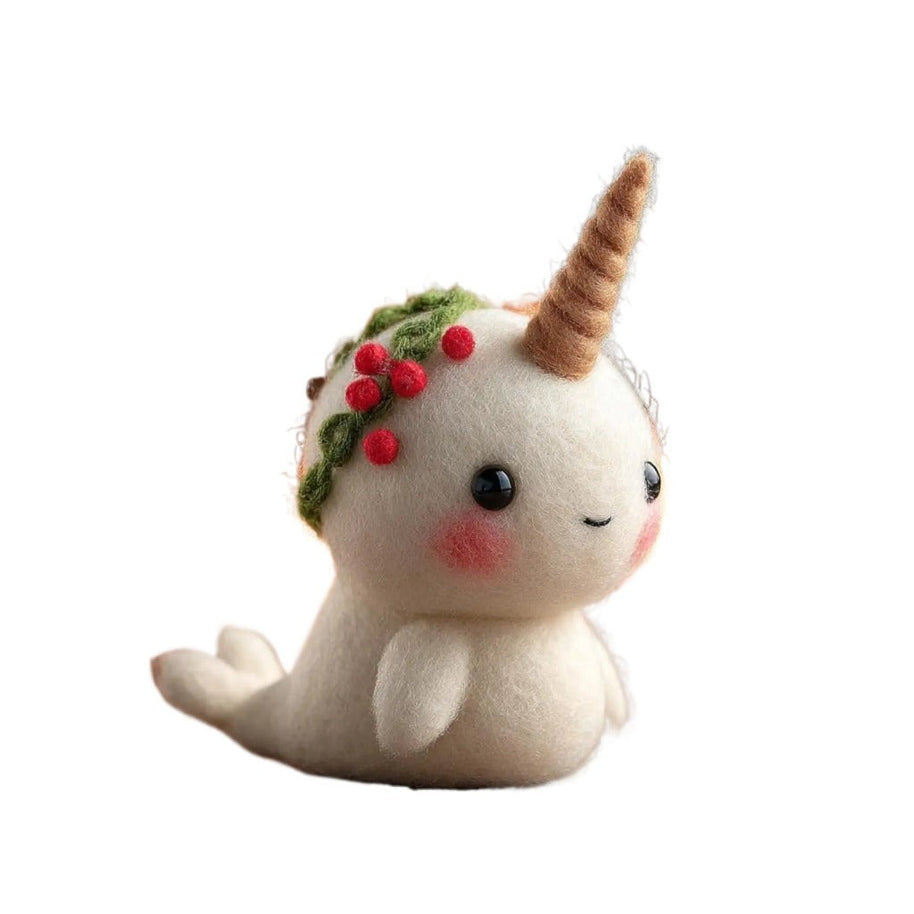 Narwhal with Holly Wreath – Wool Felt Winter Whimsy Ornament