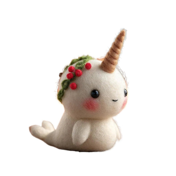 Narwhal with Holly Wreath – Wool Felt Winter Whimsy Ornament