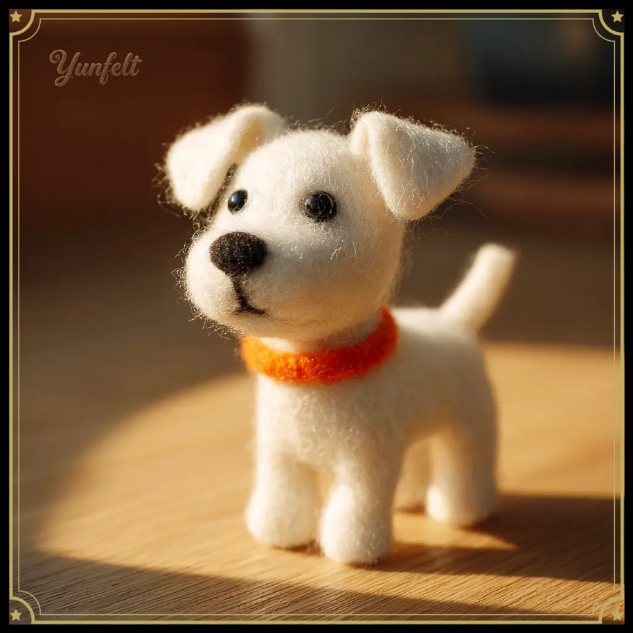 White Dog with Orange Collar – Sunny Wool Felt Desk Pet
