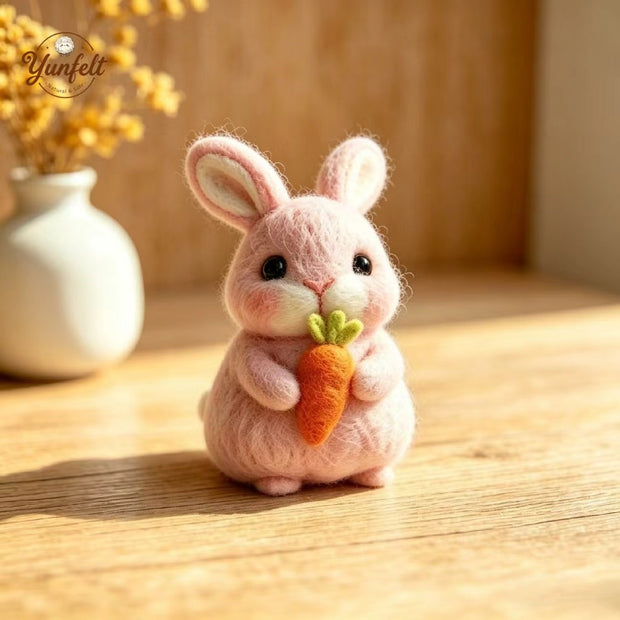 Handmade Wool Felt Pink Bunny Figurine – Easter Desk Decor Gift