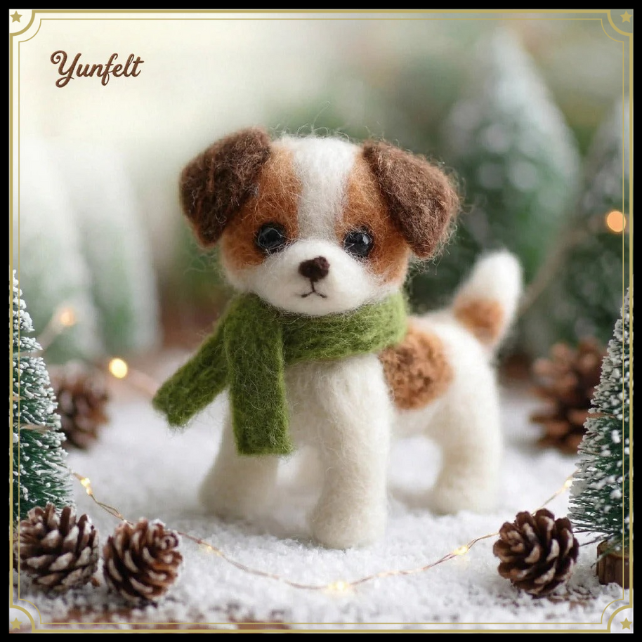 Puppy with Green Scarf – Wool Felt Cozy Holiday Dog Figurine