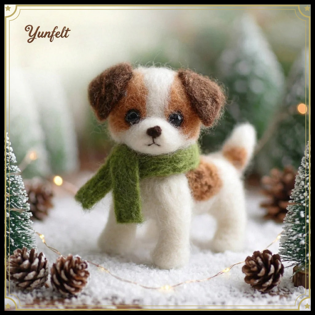 Puppy with Green Scarf – Wool Felt Cozy Holiday Dog Figurine