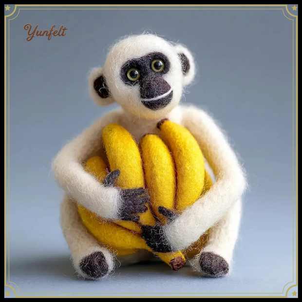 Monkey Hugging Bananas – Wool Felt Harvest Guardian Figurine
