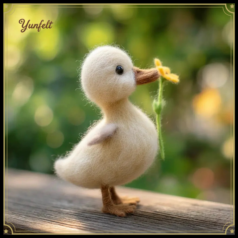 Sunny Messenger Duckling with Yellow Flower – Wool Felt Spring Figurine