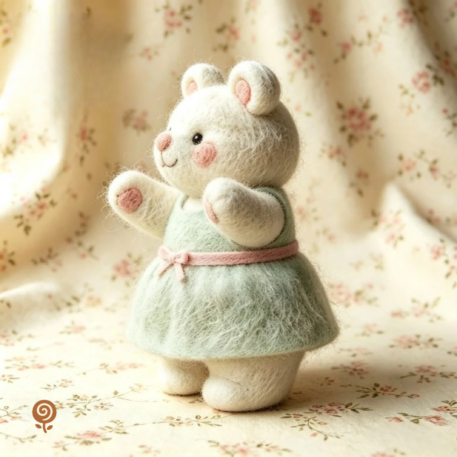 The Twirling Mint-Dress Mouse – Handmade Wool Felt Figurine