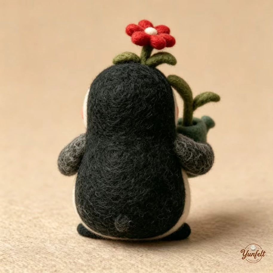 Handmade Wool Felt Gardening Penguin Figurine – Spring Desk Decor Gift