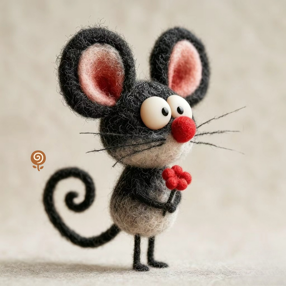 The Wide-Eyed Flower Mouse – Handmade Wool Felt Figurine