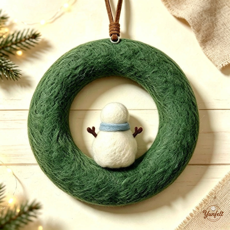 Handmade Wool Felt Snowman Wreath Ornament – Christmas Holiday Home Decor Gift