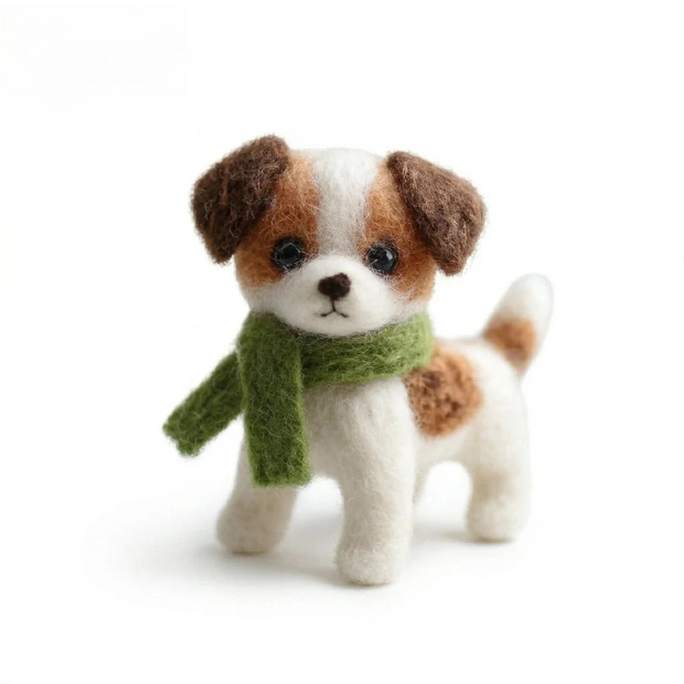 Puppy with Green Scarf – Wool Felt Cozy Holiday Dog Figurine