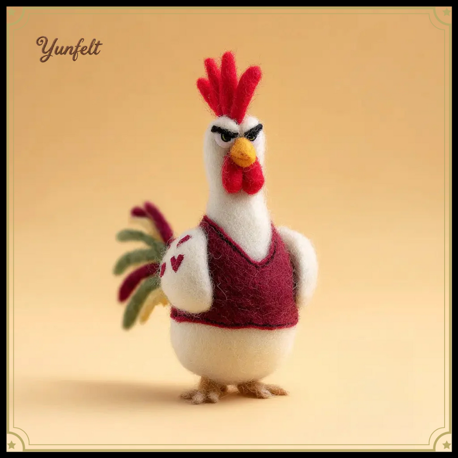 Grumpy Rooster in Burgundy Vest – Playful Wool Felt Desk Mascot